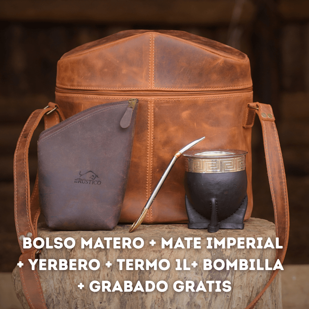 Pack Matero Supremo: Bolso Matero + Mate Imperial + Termo de 1L + Yerbera + Bombilla + Grabado gratis