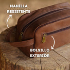 Neceser grande de cuero marron con manilla y bolsillo exterior