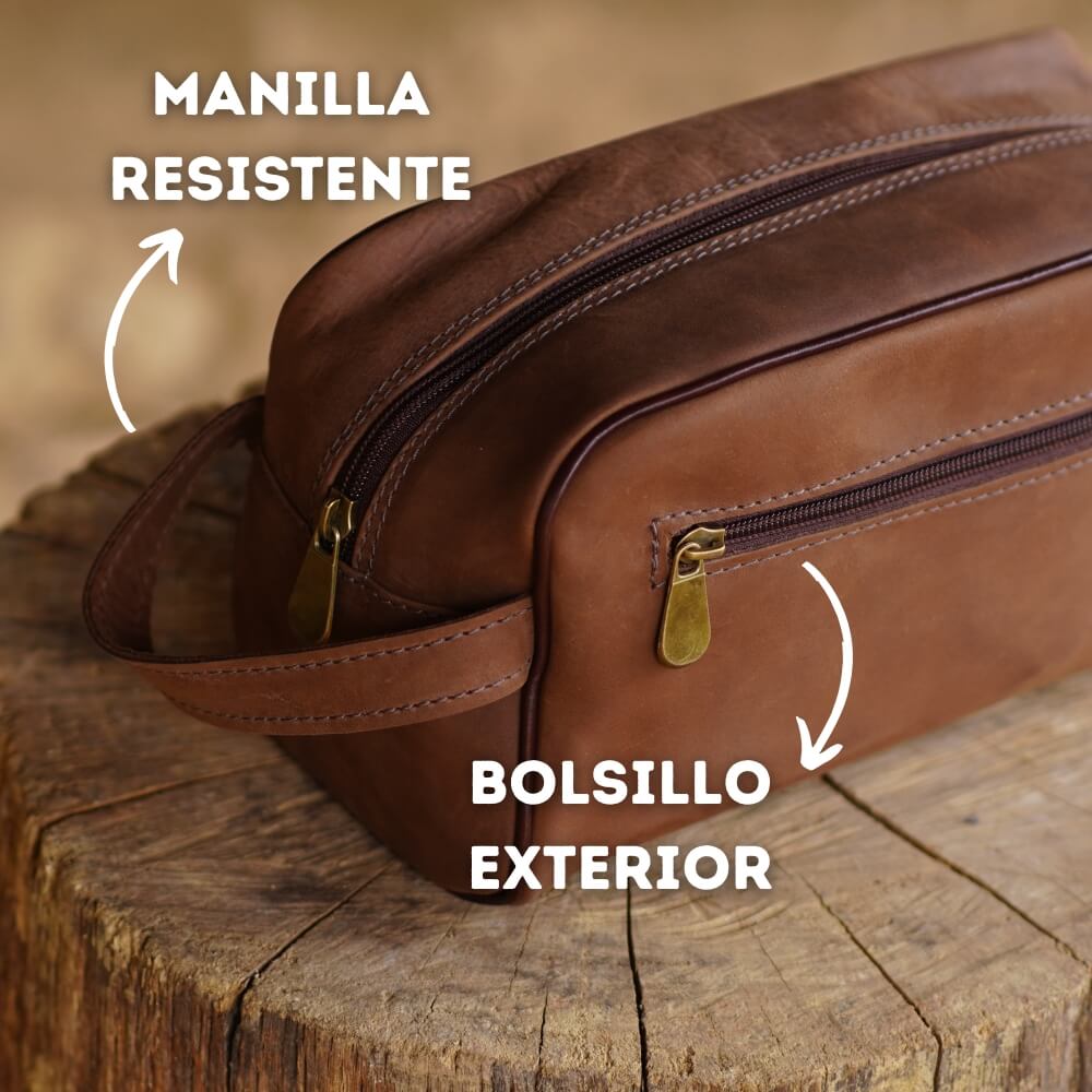 Neceser grande de cuero marron con manilla y bolsillo exterior
