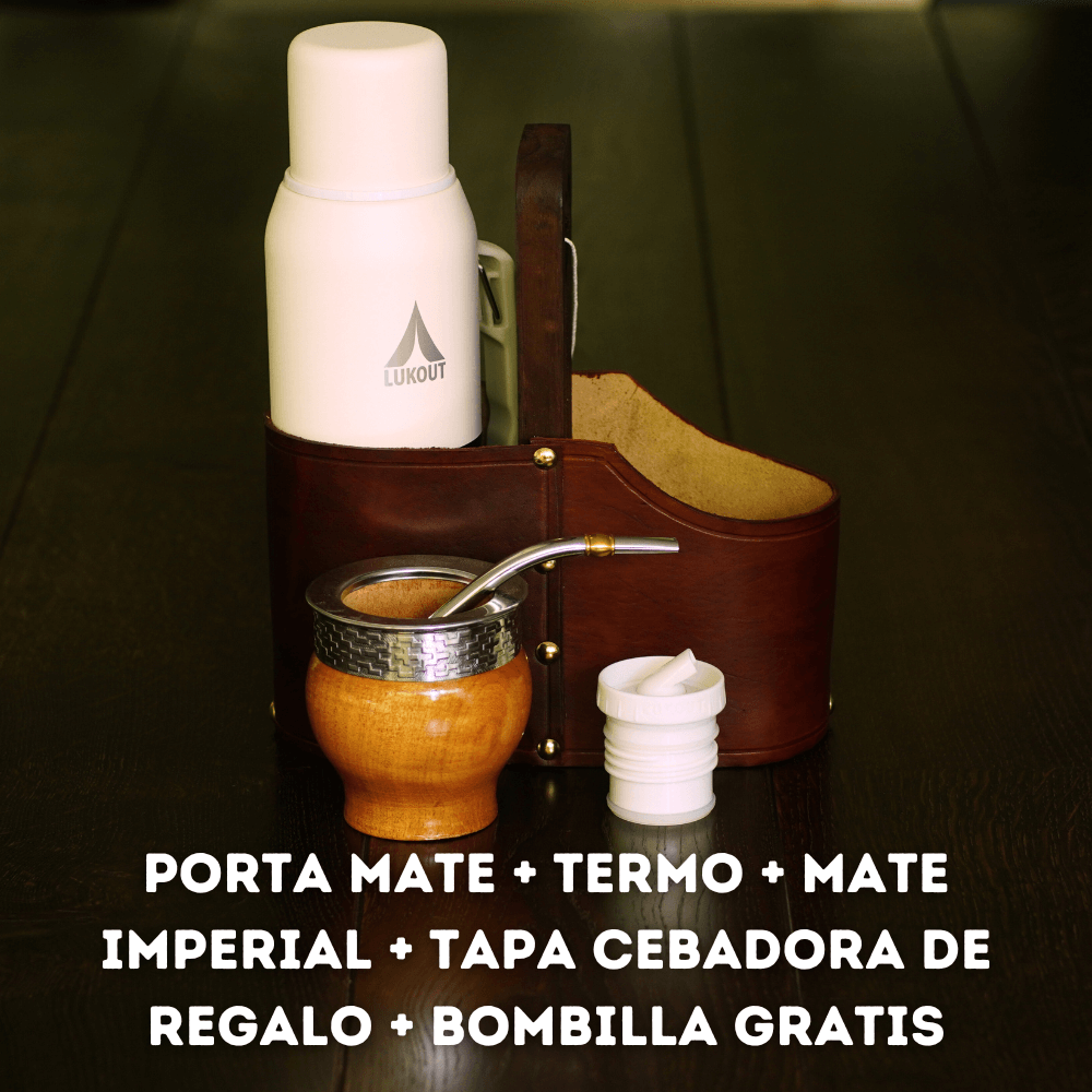 pORTA MATE + TERMO + MATE IMPERIAL ALGARROBO + TAPA CEBADORA GRATIS + BOMBILLA DE REAGALO Pack Mate Rutero - Imagen 1